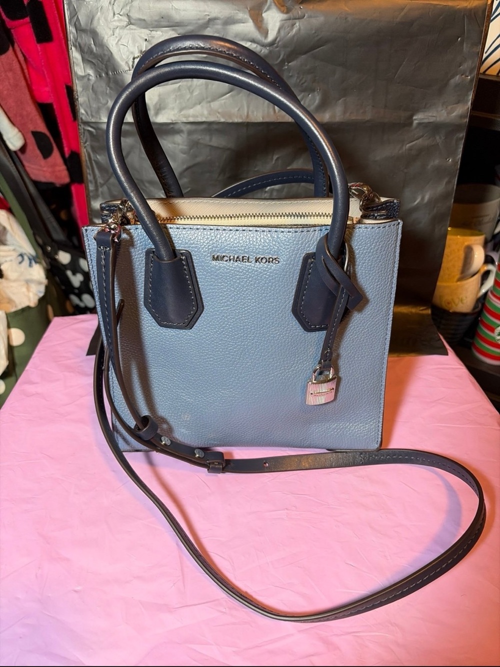 Michael Kors Light Blue and Navy Pebbled Leather Satchel